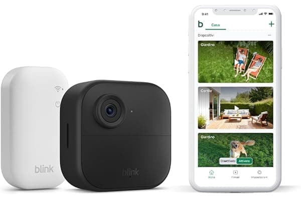 Videocamera Blink Outdoor 4 (Ultimo modello) - Videocamera di sicurezza smart HD wireless, autonomia di due anni, compatibile con Alexa - Sistema a 1 telecamera con Sync Module Core incluso - IP65