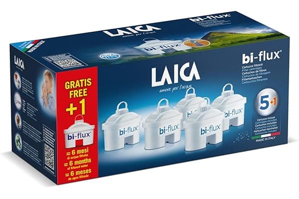 LAICA bi-flux® Filtro per Acqua – Preserva i Sali Minerali Utili all'Organismo e Riduce Cloro e Calcare - 6 Mesi di Acqua Buona e Filtrata (6 Filtri x 150L) - Made in Italy
