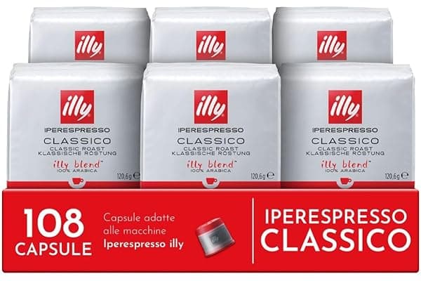 illy, Caffè in Capsule Iperespresso CLASSICO, 100% Arabica con Note di Fiori d'Arancio e Gelsomino, Gusto Morbido e Retrogusto Dolce, 6 Confezioni da 18 (108 Capsule Totali)