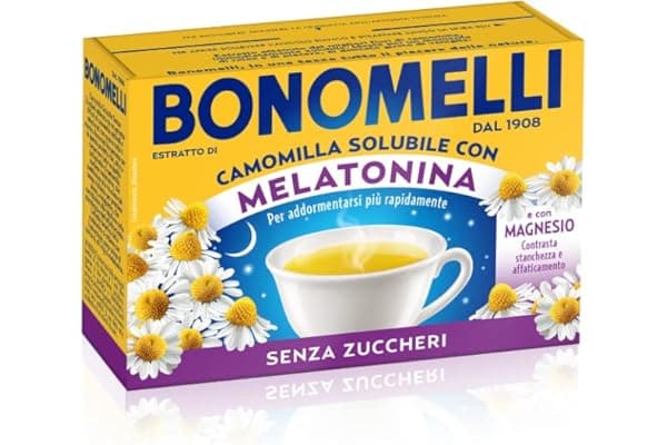 Bonomelli Camomilla Solubile con Melatonina e Magnesio 16 Bustine, Contro Stanchezza e Affaticamento, Infuso Rilassante, Senza Zucchero (72g)