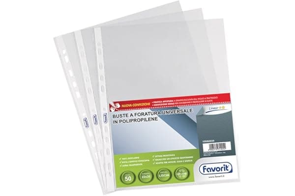 Favorit Buste Trasparenti, Formato Interno 22 x 30 cm, Finitura Liscia Ultra Trasparente, Possono Contenere Molti Fogli A4, Confezione da 50 Pezzi, Trasparenti