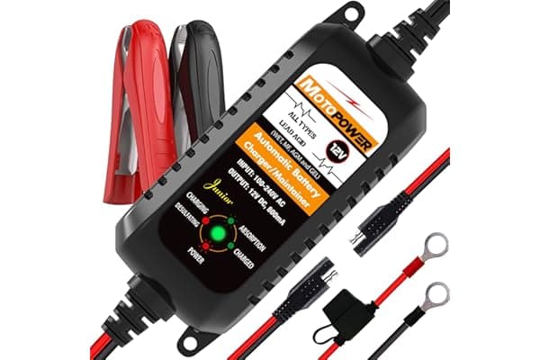 MOTOPOWER MP00205A 12V 800mA completamente automatico caricabatterie/manutentore per auto, moto, ATV, camper, Powersports, barca e altro ancora. Intelligente, compatto ed ecologico