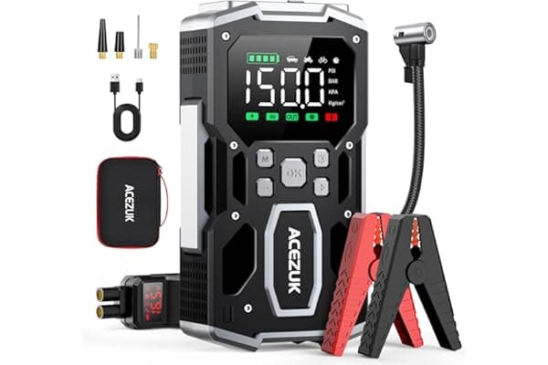 ACEZUK Avviatore Batteria Auto,8000A & 150PSI Avviatore di Emergenza per Auto con Compressore Aria Portatile (All Gas or 10.0L Diesel) 12V Jump Start,2 Luci/ 3.4" LCD Display
