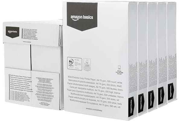 Amazon Basics, Carta Multiuso per Stampante e Fotocopiatrice, Formato A4, 75g/m2, 2500 Fogli (Confezione da 5 Risme), Colore Bianco
