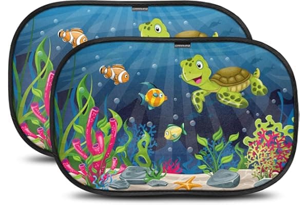 Tendine parasole bambini Buio Ottimale con protezione UV certificata - accessori auto, 2 pezzi 51x31cm, protezione solare raggi UV Design Tartaruga