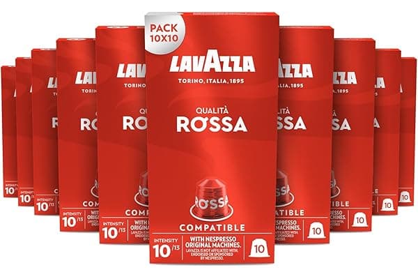 Lavazza, Qualità Rossa, 100 Capsule di Caffè in Alluminio Compatibili con Macchine Nespresso Original, con Note di Cioccolato e Frutta Secca, Arabica e Robusta, Intensità 10/13, Tostatura Media