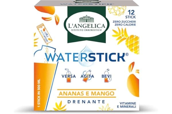 L'Angelica, Waterstick, Gusto Ananas e Mango, Drenante, Con Vitamine e Minerali, Contro Stanchezza e Affaticamento, Zero Zuccheri & Zero Calorie, Senza Conservanti, 1 Astuccio da 12 Stick
