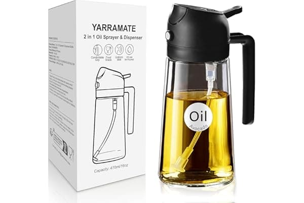 YARRAMATE Spruzzatore di olio da cucina, bottiglia di olio d'oliva 2 in 1 per cucina, bottiglia di olio di vetro da 17 oz/470 ml per friggitrice ad aria, barbecue (Nero Ossidiana)