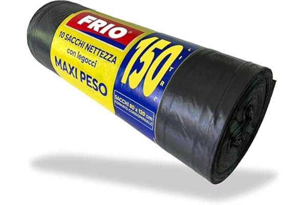 FRIO - 10 sacchi neri grandi, 150 litri, sacchi spazzatura condominiali MAXI PESO per bidone spazzatura, raccolta differenziata, con legacci. Sacchi spazzatura 80x120 cm, multistrato, resistenti