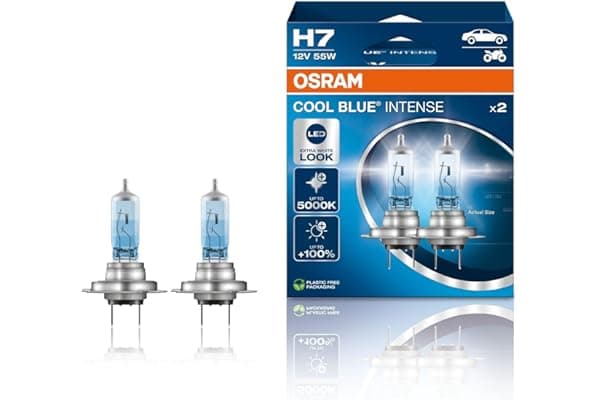 OSRAM COOL BLUE INTENSE H7, +100% di luminosità in più, fino a 5.000 K, lampada frontale alogena, aspetto LED, scatola pieghevole sospesa (2 lampade)