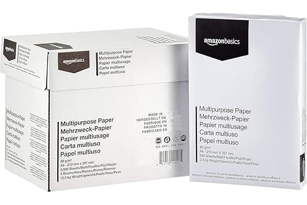 Amazon Basics Carta da stampa multiuso A4 80gsm, 2500 unità, 5 confezioni da 500, Bianco