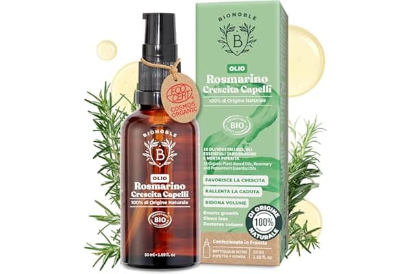 BIONOBLE Olio di Rosmarino per Capelli Bio - Stimola Crescita, Nutre il Cuoio Capelluto - Olio Capelli Rosmarino, Ricino, Argan - Rosemary Oil for Hair Growth - Bottiglia di Vetro, Pipetta - 50ml