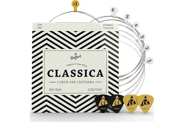 BELFORT® Set di Corde per Chitarra Classica in Nylon (Set da 6) Muta di Corde Chitarra Acustica - 4 Plettri, Corda Mi Extra e eBook Inclusi - Accessori per Chitarre Classiche (Guitar Strings)