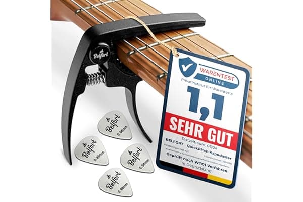 BELFORT® - Capotasto originale QuickPitch per chitarra + 3 plettri + eBook gratuito - Facilissimo da usare - Per chitarra classica, western, acustica, da concerto, elettrica e ukulele
