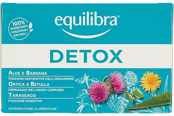 equilibra Integratori Alimentari Tisane, Tisana Detox, 100% Ingredienti Funzionali, Drenante, a Base di Aloe Vera, Ortica, Bardana, Betulla e Tarassaco, Materiali 100% Riciclabili, 15 Filtri