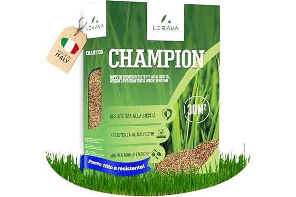 LERAVA CHAMPION semi prato (30m²) - festuca arundinacea di qualità - resistente a siccità e alte temperature - prato verde scuro fine - ideale per giardini e spazi verdi